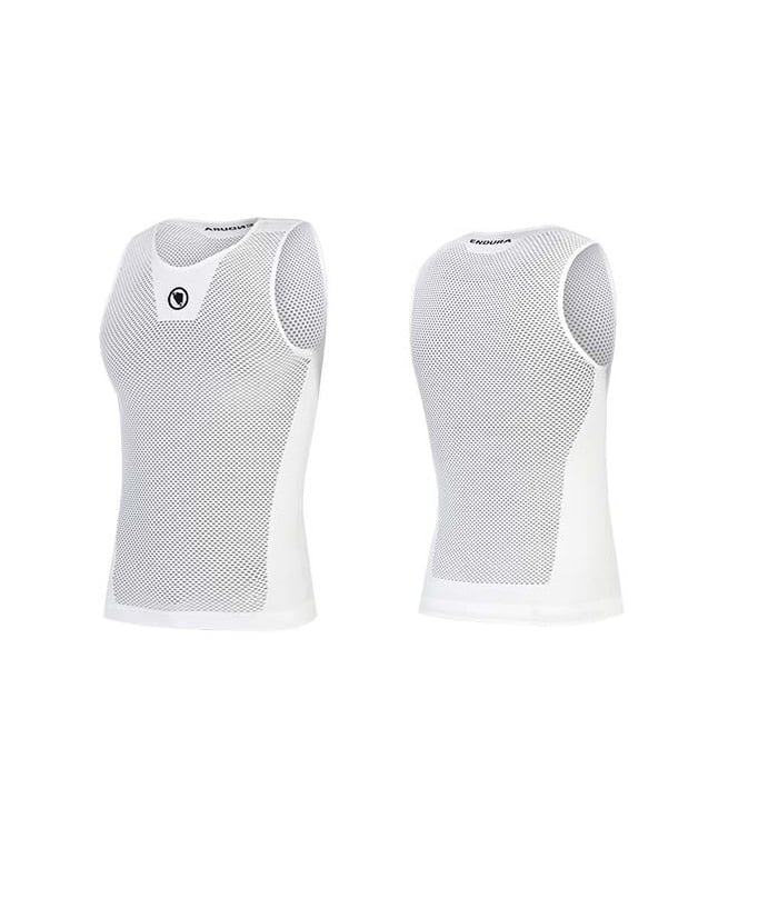 E3167WH.jpg Endura Fishnet Baselayer undertröja visas ärmlös och vit, med både fram- och baksida på en vit bakgrund.