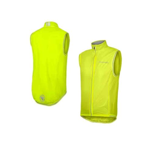 Två vyer av Endura FS260 Pro Adrenaline Race Gilet II väst, en ärmlös neongul cykelväst med hög krage, hel dragkedja fram, reflekterande rygglogotyp och grå kanter.