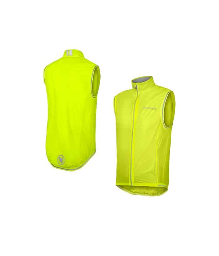 E9107YV.jpg Två vyer av Endura FS260 Pro Adrenaline Race Gilet II väst, en ärmlös neongul cykelväst med hög krage, hel dragkedja fram, reflekterande rygglogotyp och grå kanter.