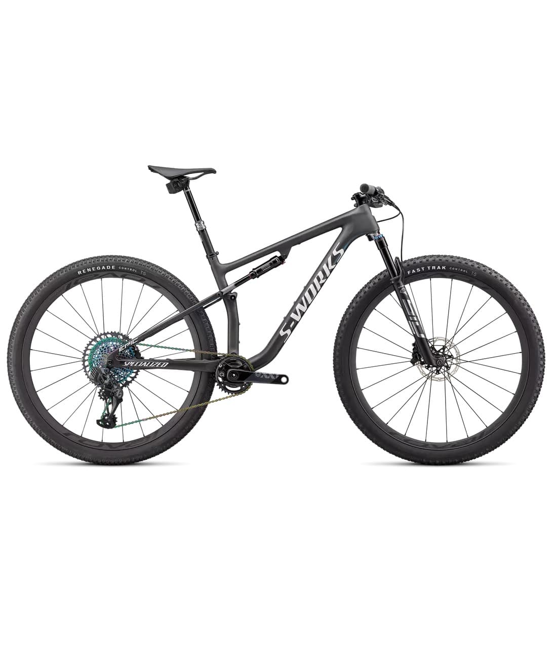 EPIC-SW-CARB-BLUMRNO-CHRM.jpg En mattsvart heldämpad mountainbike med stora hjul, rakt styre och "S-Works"-märke på ramen, visad i profil mot en vit bakgrund.