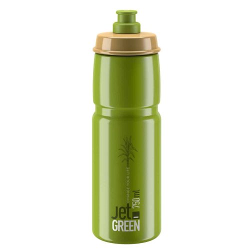 En 750 ml Vattenflaska Elite Jet Green Olive-flaska i plast med solbrunt lock, vit logotyp, växtgrafik och "CHANGE CYCLE OF LIFE" på framsidan.