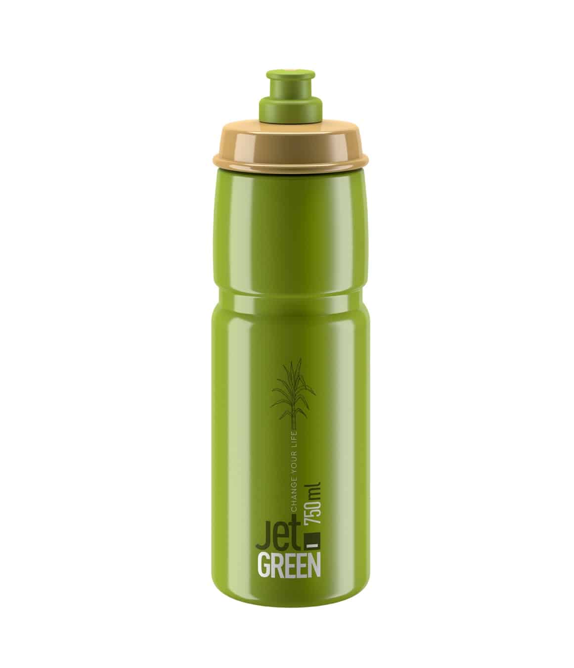 Elite-Bottle-Jet-Green-Olive-White-logo-750ml.jpg En 750 ml Vattenflaska Elite Jet Green Olive-flaska i plast med solbrunt lock, vit logotyp, växtgrafik och "CHANGE CYCLE OF LIFE" på framsidan.