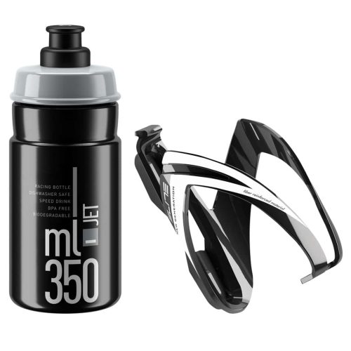 Flaska+Flaskställ Elite CEO kit innehåller en svart 350 ml sportvattenflaska med grått lock och en svartvit cykelflaskhållare, båda mot en vit bakgrund.