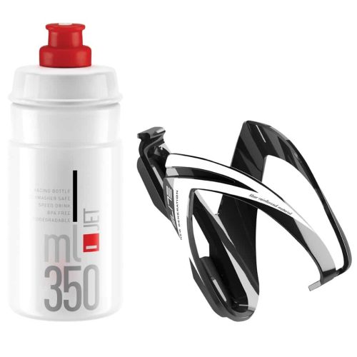 Flaska+Flaskställ Elite CEO kit, med en vit och röd 350 ml sportflaska bredvid en svart och vit plastflaskhållare för cykel, visas upprätt mot en vit bakgrund.
