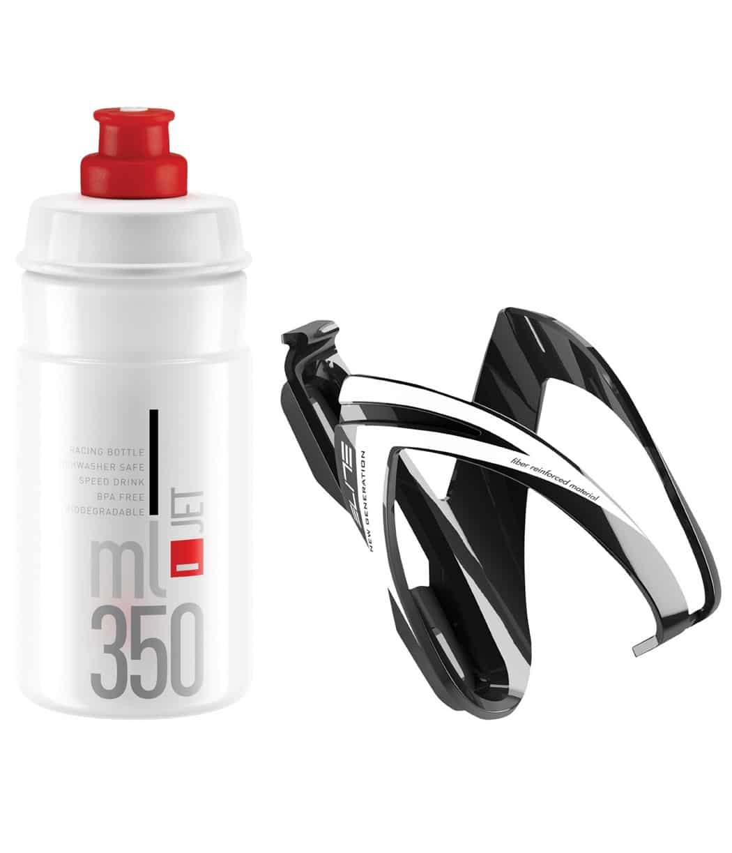 Elite-Kit-Ceo-Clear-rod.jpg Flaska+Flaskställ Elite CEO kit, med en vit och röd 350 ml sportflaska bredvid en svart och vit plastflaskhållare för cykel, visas upprätt mot en vit bakgrund.