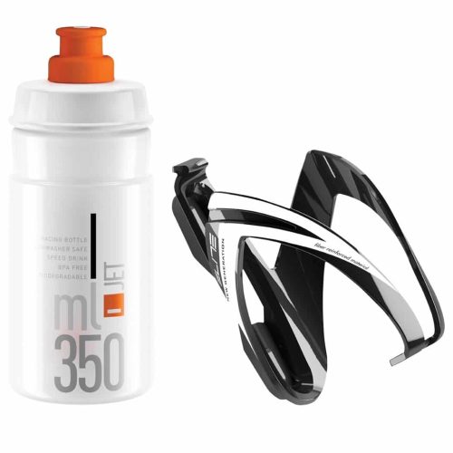 Flaska+Flaskställ Elite CEO-kitet består av en vit 350 ml sportvattenflaska med orange kapsyl och en svartvit plastflaskhållare för cykel.
