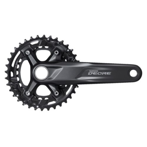Shimano FC-M5100 vevparti med 36/26T klingor, avsett för 2x11-växlade system. Detaljerad bild i dämpad belysning, framhäver den svarta finishen och komponenternas precision.