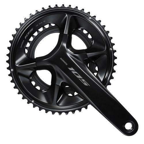 Svart Shimano 105 FC-R7100 vevparti, detaljerat och belyst för att framhäva den släta finishen och den tekniska designen. Ett viktigt komponent för 2x12s växelsystem.