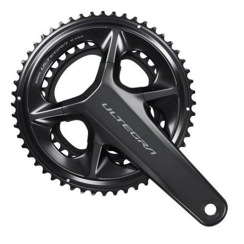 Svart Shimano Ultegra FC-R8100 vevparti, 52/36 tänder, 12-växlat. Detaljerad bild i bra ljus som framhäver dess design och material.