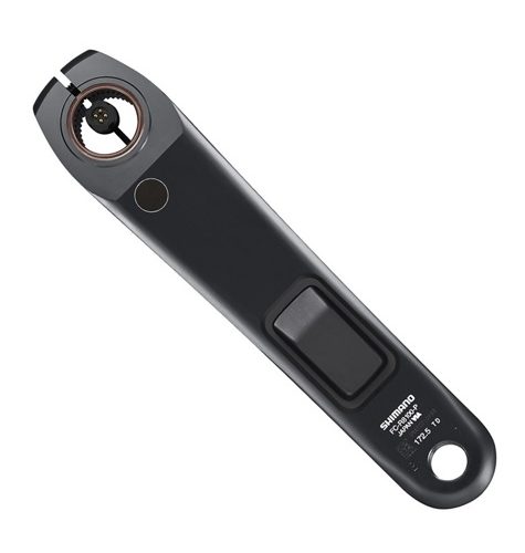 A Shimano Ultegra FC-R8100-P wattmätar-vevparti utan drev i svart med synlig sensor och logo, för cyklar, visas mot vit bakgrund.
