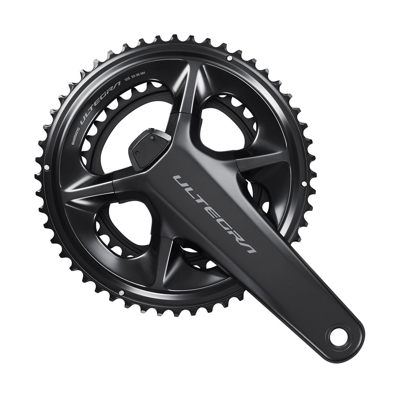 FC-R8100-P-52-36T-shic219-primary_1.jpg.thumb_.1280.1280.png Ett detaljerat fotografi visar ett svart Shimano Ultegra FC-R8100-P wattmätarvevparti mot en vit bakgrund. Varm, riktad belysning framhäver vevpartiets släta yta och exakta detaljer.