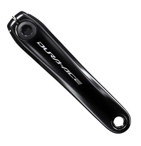 En svart Vevparti Shimano Dura-Ace FC-R9200 52/36T 2x12s vevarm med den vita Dura-Ace-logotypen visas uppifrån mot en vit bakgrund och har ett hål i varje ände.