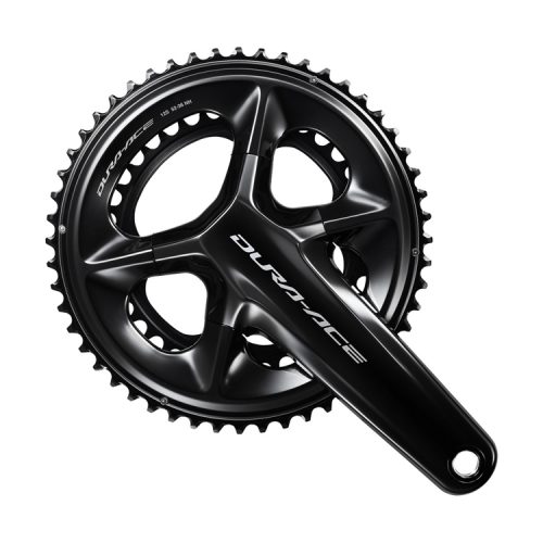 Ett svart Vevparti Shimano Dura-Ace FC-R9200 52/36T 2x12s vevparti med två kedjehjul visas ovanifrån mot en vit bakgrund.