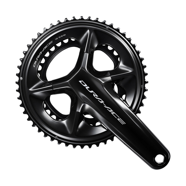 FC-R9200-52-36T Ett svart Vevparti Shimano Dura-Ace FC-R9200 52/36T 2x12s vevparti med två kedjehjul visas ovanifrån mot en vit bakgrund.