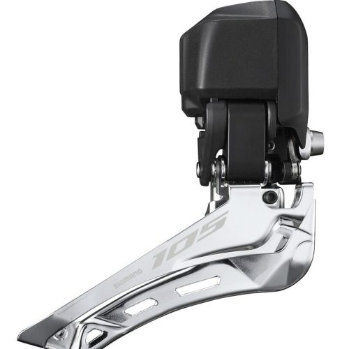 Detaljerad bild av en Shimano 105 Di2 FD-R7150 framväxel. Kromdetaljer framträder i studioljuset, framhäver konstruktionen och Shimano 105-logotypen. Komponenterna är skarpt återgivna mot en ren, vit bakgrund.