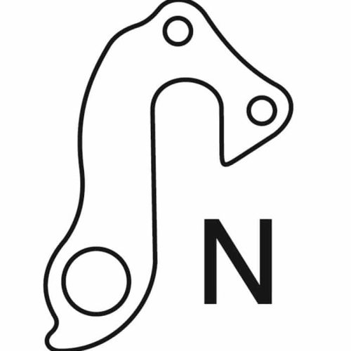 En svart konturteckning av Växelöra Nishiki, FR-N derailleur hanger med tre cirkulära hål, bredvid ett fetstilt, stort "N" på en vit bakgrund.