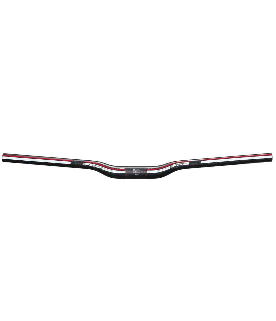 FSA-Carbon-2122U.jpg Ett detaljerat foto av ett FSA K-Force XC rise-styre för cykel, tillverkat av kolfiber och med måtten 660 mm. Fokus ligger på strukturen och de röda samt vita detaljerna.