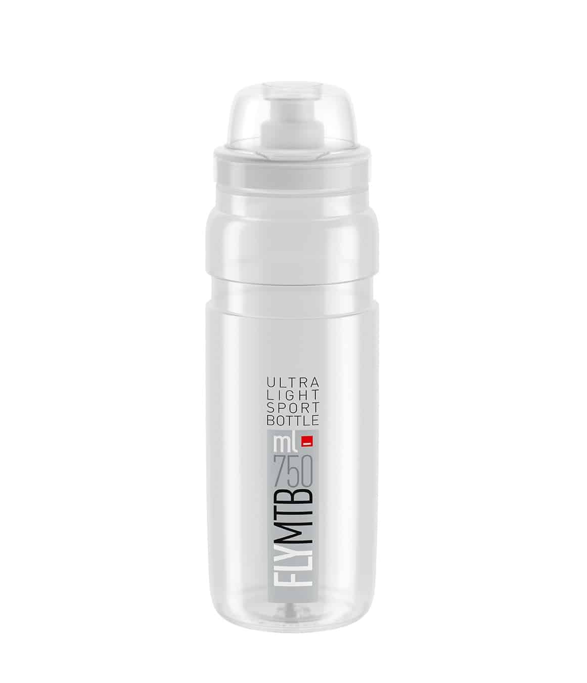 Flaska-Elite-FLY-MTB-klar-gra-logo-750ml.jpg En transparent Vattenflaska Elite FLY MTB sportflaska (750 ml) med vit kapsyl och munstycke står upprätt mot en vit bakgrund. Etiketten har texten "Ultra Light Sport Bottle FLY MTB" i svart och grå text.