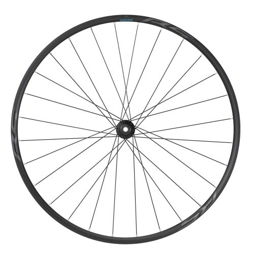 Ett framhjul Shimano WH-RS171 CL Disc i detalj, upplyst jämnt för att visa dess konstruktion med nav, ekrar och fälg. Shimano-logotypen är tydligt synlig.