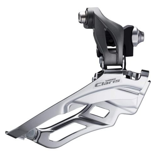 Shimano Claris FD-R2000 framväxel i silver och grått, fotograferad i studioljus mot en vit bakgrund. Detaljrikedom framhäver den polerade ytan och den tekniska designen.