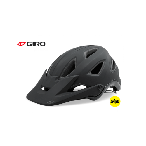 Hjälm Giro Montaro Mips är en mattsvart cykelhjälm med flera ventilationsöppningar, visir och en gul MIPS-logotyp för ökad säkerhet. Giro-märket syns i det övre vänstra hörnet.