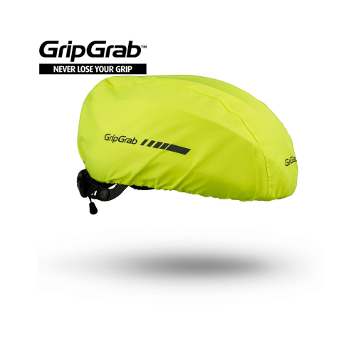 En klargul GripGrab Hi-Vis hjälm huva vind/vattentät med svart logotyp och ränder visas på vit bakgrund. Texten "GripGrab NEVER LOSE YOUR GRIP" syns ovanför hjälmhuvan.