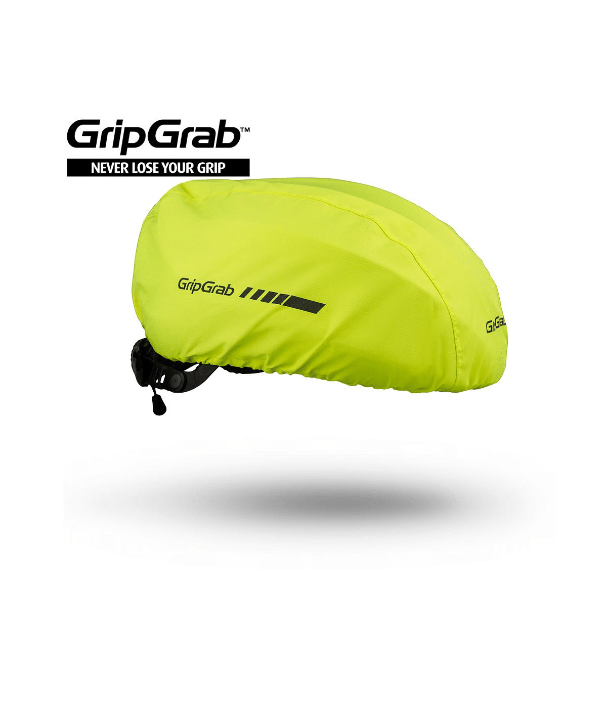 GripGrab-Hi-Vis-Hjalm-Huva-Gul.png En klargul GripGrab Hi-Vis hjälm huva vind/vattentät med svart logotyp och ränder visas på vit bakgrund. Texten "GripGrab NEVER LOSE YOUR GRIP" syns ovanför hjälmhuvan.