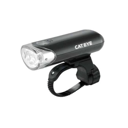 Framlampa CatEye HL-EL135 är en svart cykelstrålkastare med tre LED-lampor, en klar frontlins och en justerbar monteringsrem för enkel fastsättning på cykelstyret.