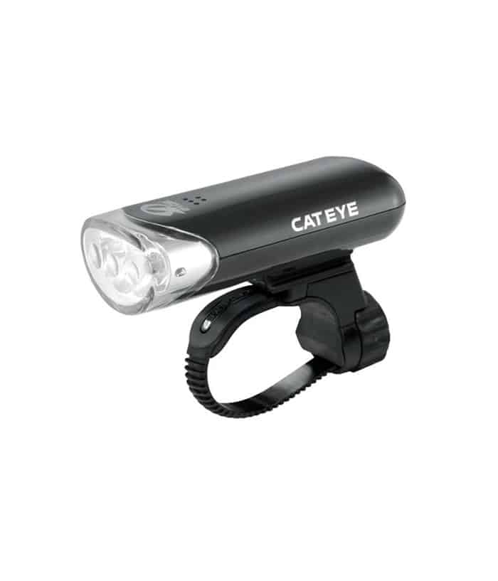 HL-EL135_n.jpg Framlampa CatEye HL-EL135 är en svart cykelstrålkastare med tre LED-lampor, en klar frontlins och en justerbar monteringsrem för enkel fastsättning på cykelstyret.