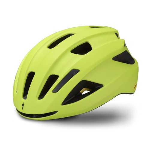 En Specialized Align II Mips cykelhjälm i ljusgul färg visas mot en vit bakgrund med skuggor. Hjälmen har ventilationshål och en matt finish, vilket ger en stilren look.