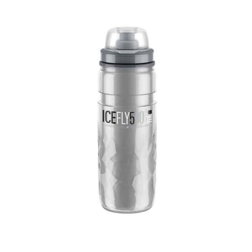 En vattenflaska i genomskinlig plast med namnet "Thermoflaska Elite Icefly för varma eller kalla drycker" med grått lock och push-pull-pip, mot en vit bakgrund.