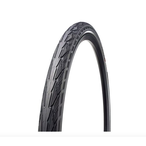 Ett Specialized Infinity Sport Reflect cykeldäck syns tydligt mot en ren, vit bakgrund. Däcket har ett distinkt mönster med räfflor och reflekterande detaljer för ökad synlighet.