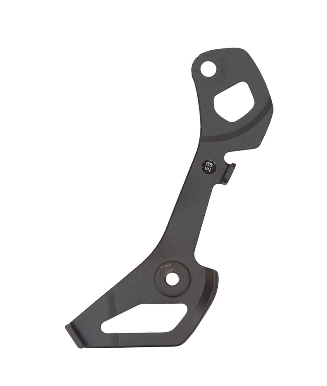 Inner-Plate-SS-Type-Ultegra-RD-R8000.jpg Detaljerad bild av en mörkgrå inre platta av SS-typ Ultegra RD-R8000 bakväxel, presenterad i mjukt ljus mot en ren vit bakgrund. Hålen och formen framhävs tydligt.
