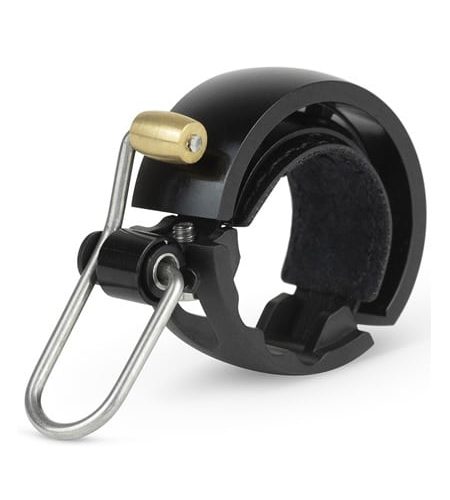 Ringklocka Knog Oi Luxe small svart är en svart cykelklocka med mässingsslagverk, metallögla, klämfäste och vadderad insida.