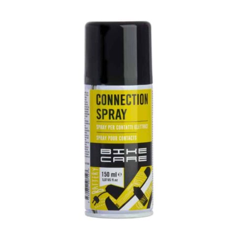 En burk BikeCare Connection Spray, 150 ml, står mot en vit bakgrund. Burken har en svart topp och en gul etikett med text och en illustration av elektriska kontakter.