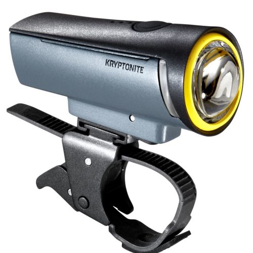 Framlampa Kryptonite Incite X3 är en cykelstrålkastare med svart och grå kropp, gul accentring runt linsen och ett justerbart monteringsfäste för styret.