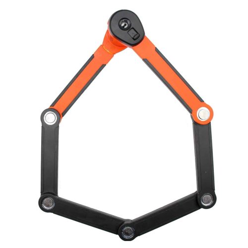 Ett Vikbartlås Kryptonite Evolution 790 6 mm x 90 cm - SSF Godkänt cykellås med fällbara, ledade svarta och orange segment i femkantig form och nyckelhål upptill.