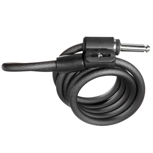 Plug-In vajer Kryptonite 10 x 1200 mm är ett svart kabellås med ett cylindriskt lås i ena änden och en ögla i den andra, perfekt för att säkra cyklar och liknande föremål.