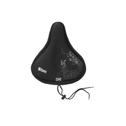 En svart Selle Royal Memory Foam Seat Cover visas mot en vit bakgrund. Sittskyddet har "Slowfit Foamfit" och Selle Royals logotyper på, samt en dragsko för att fästa den.