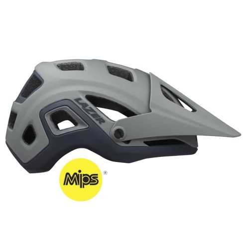 En grå Lazer Impala Mips cykelhjälm har ett visir, sidoventilation, "Lazer"-märke och MIPS-logotyp för ökad säkerhet.