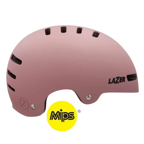 En Lazer One+ Mips cykelhjälm i rosa med flera ventilationsöppningar och en synlig MIPS-säkerhetslogotyp.