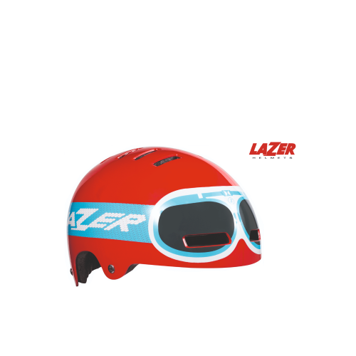 En röd Hjälm Lazer Street +JR-hjälm med en blå och vit goggle-design på sidan visas mot en vit bakgrund, med Lazer Helmets-logotypen till höger.