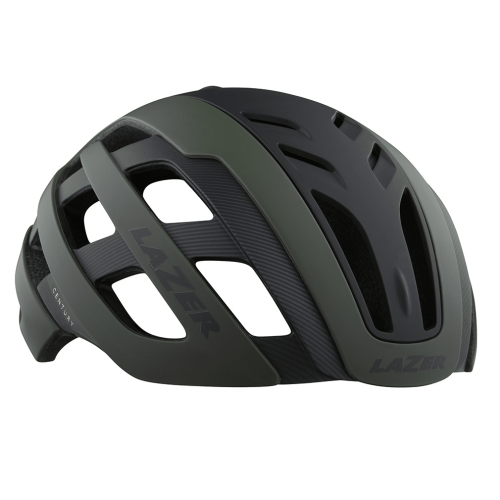 Racerhjälm Lazer Century Mips är en mattsvart och mörkgrön hjälm med stora ventilationsöppningar, en strömlinjeformad design och "LAZER"-logotyper på sidan och framtill.