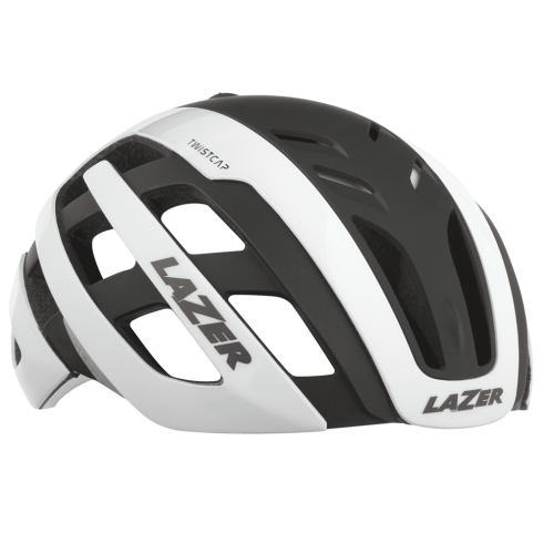 En svartvit Racerhjälm Lazer Century Mips cykelhjälm med flera ventilationsöppningar, Twistcap-etikett och Lazer-logotypen på sidan och framtill.