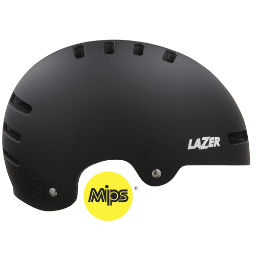 Hjälm Lazer One+ Mips, som visas i mattsvart med ventilationsöppningar på sidorna, har "Lazer"-logotypen och ett gult "MIPS"-märke som framhäver den avancerade MIPS-säkerhetstekniken.