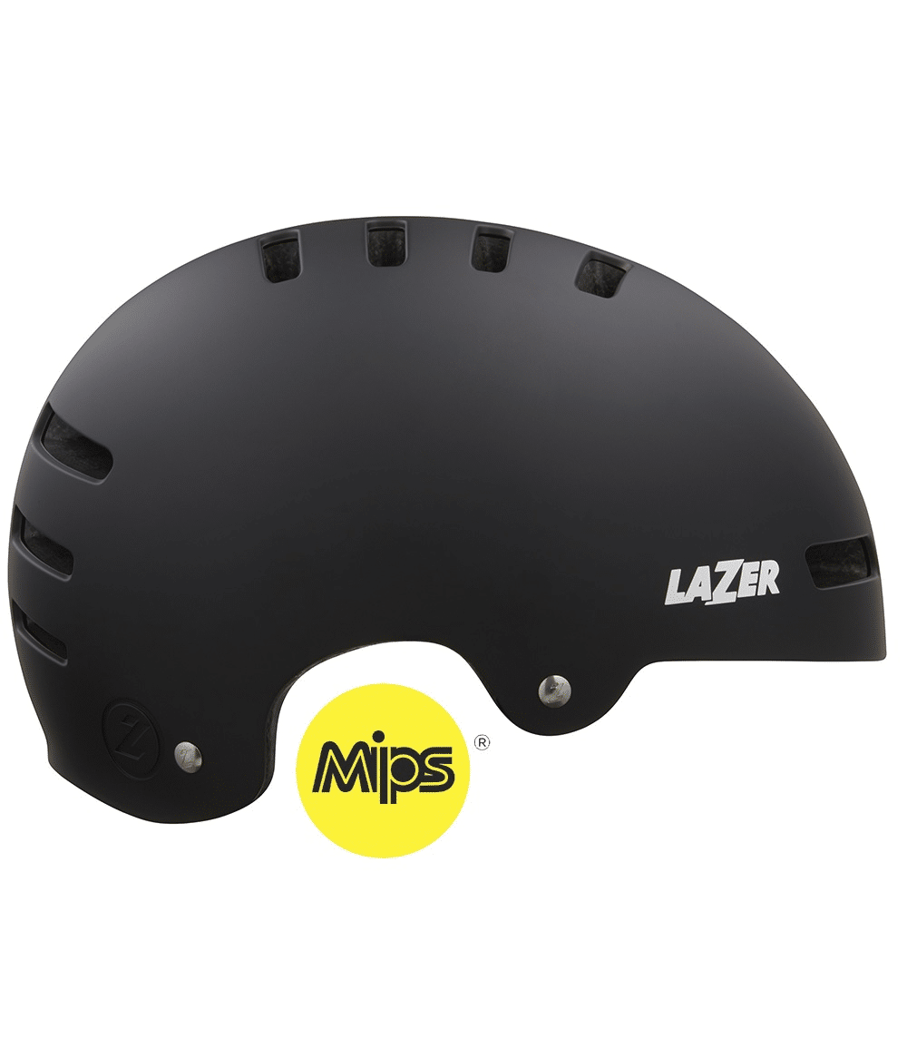 Lazer-oneplus-svart-mips.png Hjälm Lazer One+ Mips, som visas i mattsvart med ventilationsöppningar på sidorna, har "Lazer"-logotypen och ett gult "MIPS"-märke som framhäver den avancerade MIPS-säkerhetstekniken.