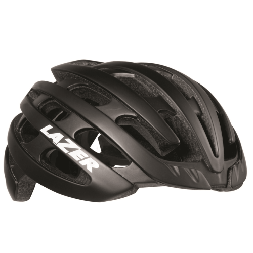 Hjälm Lazer Z1, Svart är en svart cykelhjälm med flera ventilationsöppningar och en vit Lazer-logotyp på sidan, mot en vit bakgrund.