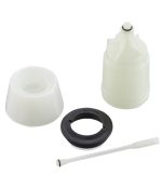 Luftningskit Shimano TL-BR003/2 - Oljekopp består av en vit plastbehållare med påsatt pip, ett separat vitt lock, en svart cirkelring och en vit omrörningspinne som visas på en slät bakgrund.