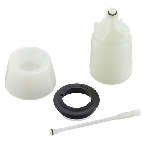 Luftningskit Shimano TL-BR003/2 - Oljekopp består av en vit plastbehållare med påsatt pip, ett separat vitt lock, en svart cirkelring och en vit omrörningspinne som visas på en slät bakgrund.