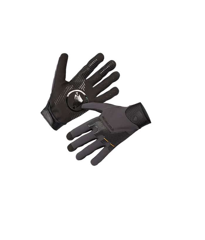 MT500-Glove.jpg Ett par Endura MT500 helfingerhandskar i svart och mörkgrått, där den ena handsken visar handflatan och den andra ryggen, mot en vit bakgrund.